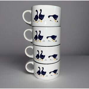 VTG Goose Soup Mugs Bowls Set of 4 Stackable White Blue Geese Ducks 80s Country